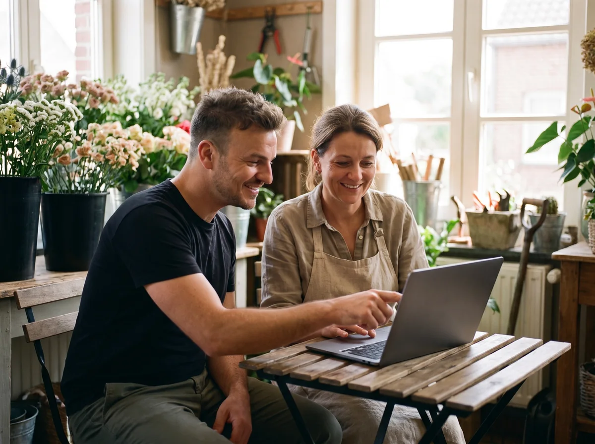 Samen een website bespreken aan de laptop in een bloemenwinkel
