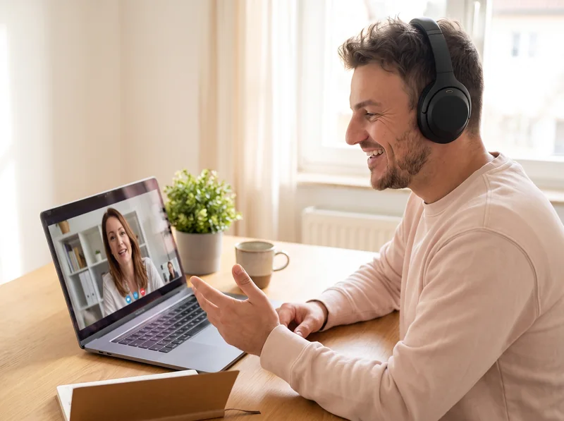 Kristof in een videocall met een zaakvoerster