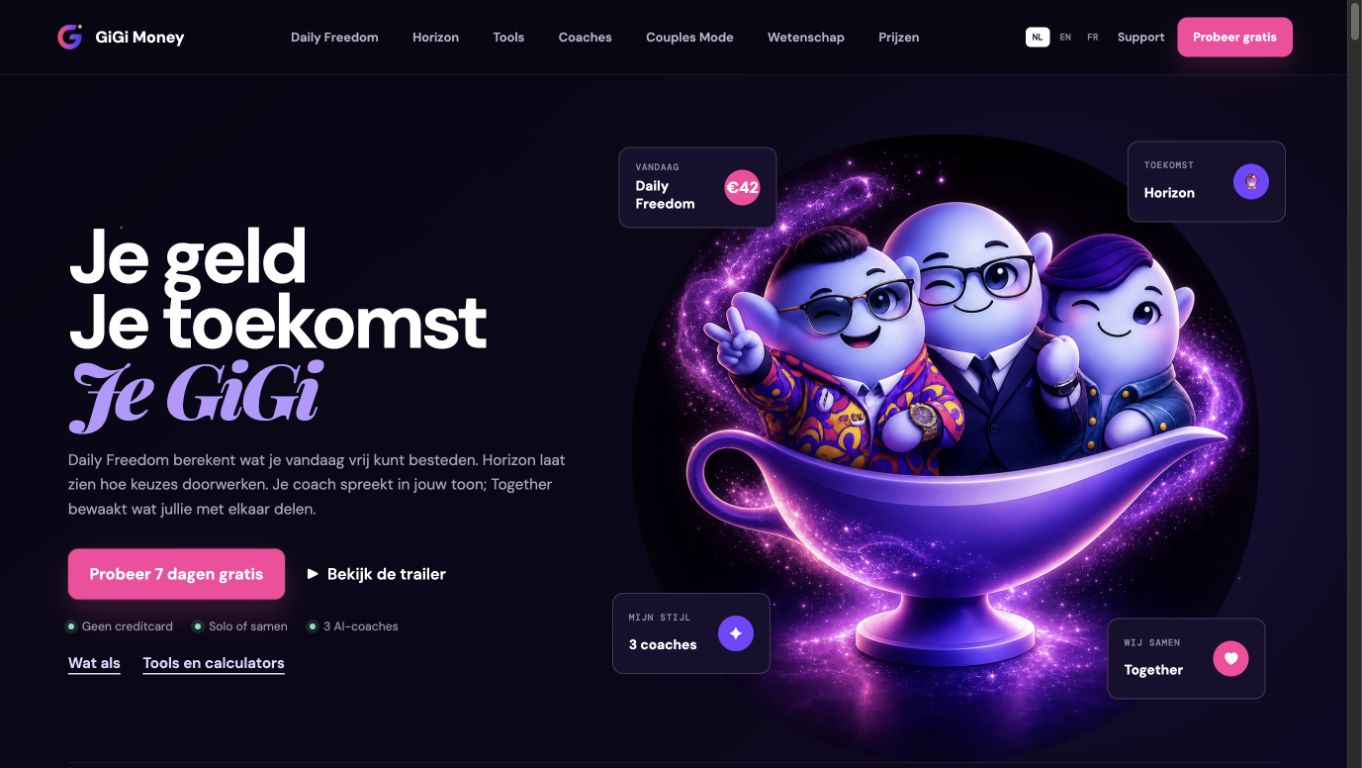 Actuele GiGi Money-homepage met de drie coaches en hun paarse lamp
