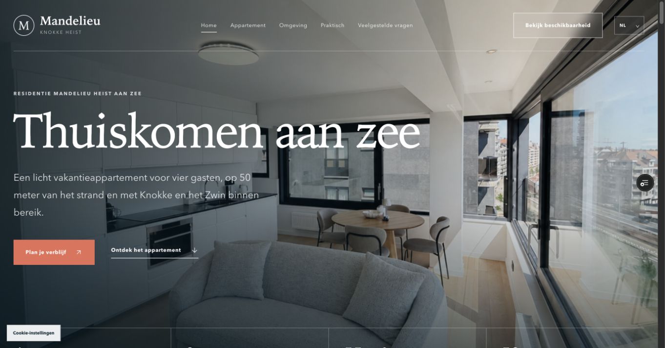 Homepage van Mandelieu Knokke met het vakantieappartement aan zee
