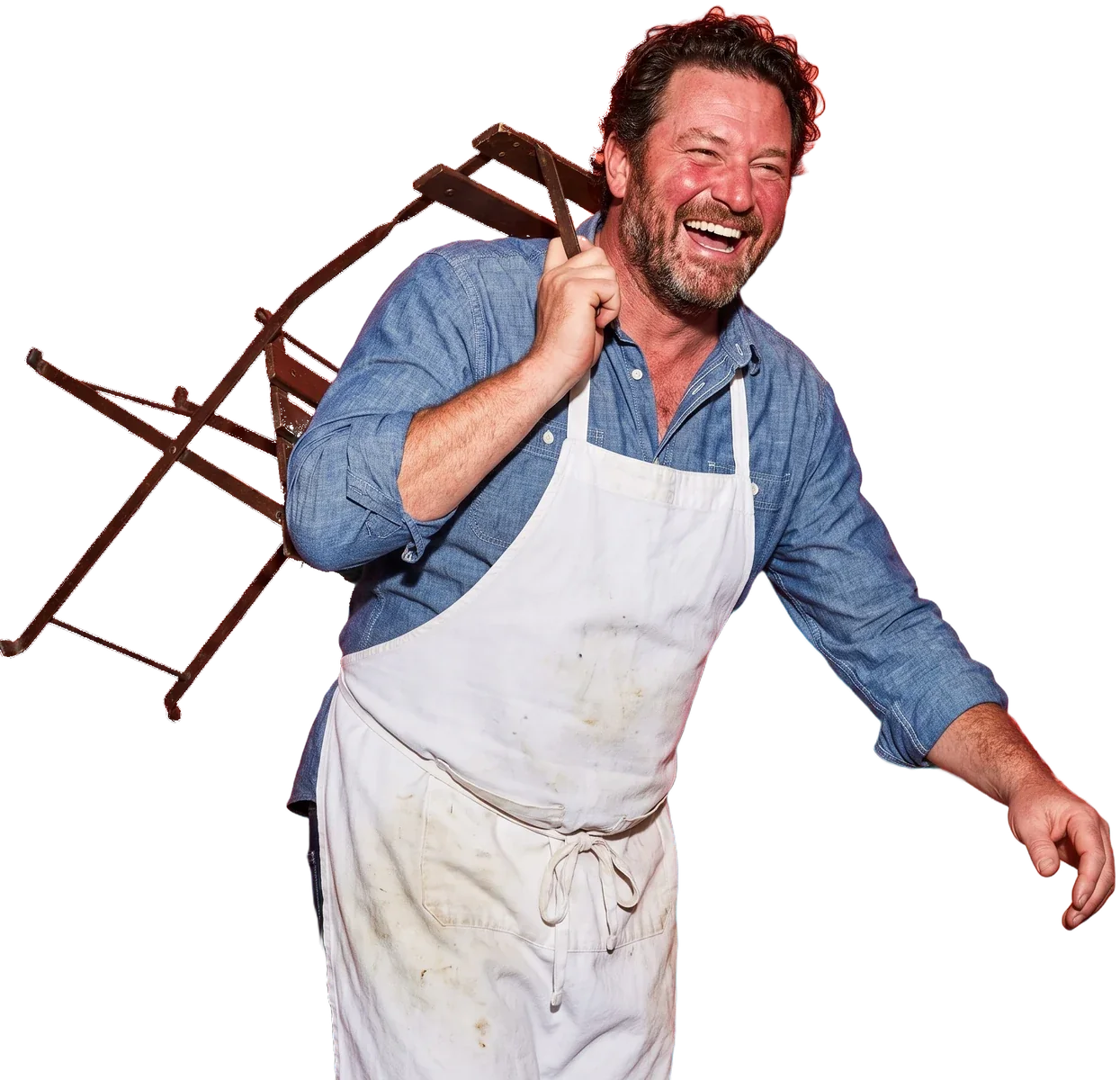 Uitbater met een terrasstoel op de schouder